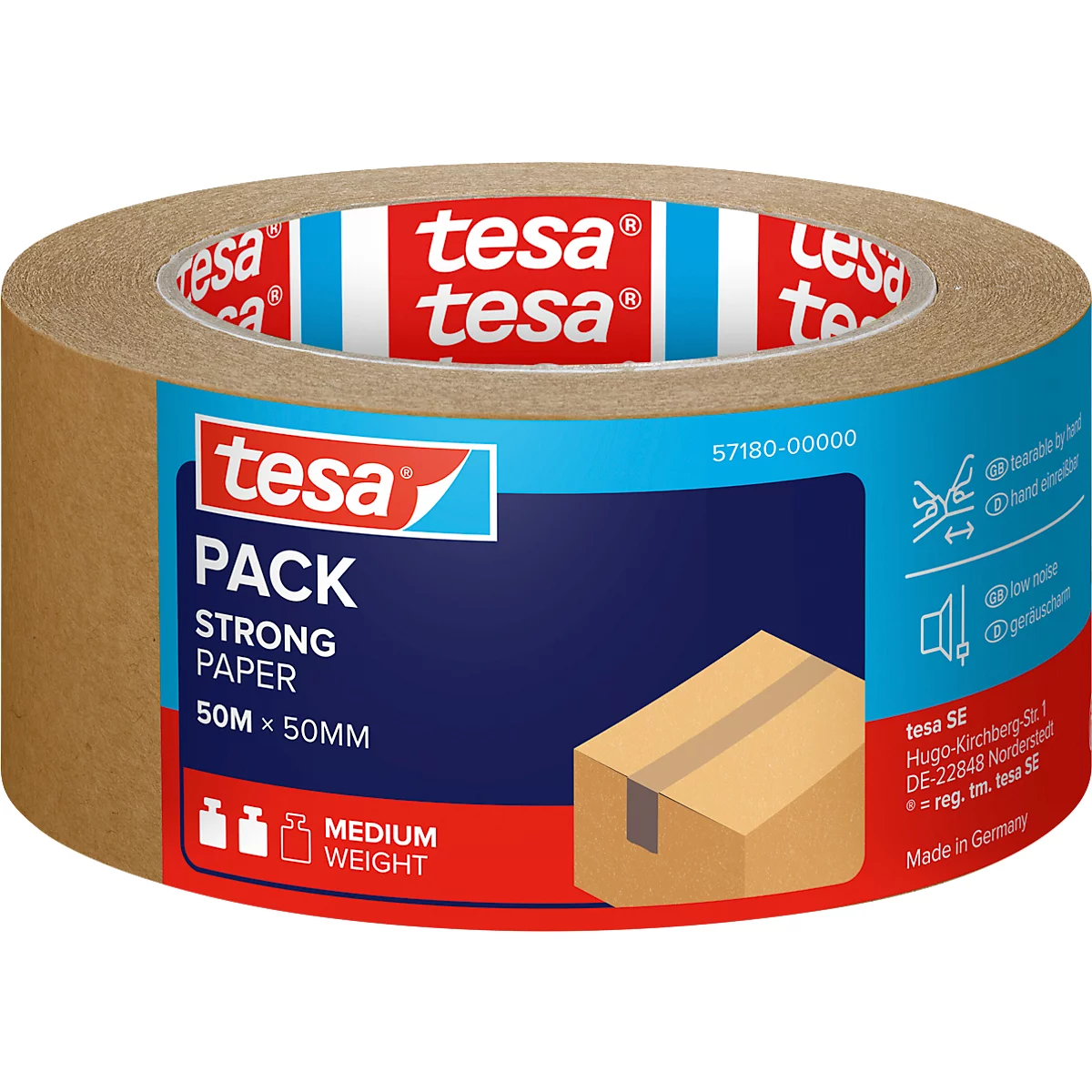 Tesafilm-Rolle mit blauer Beschriftung: 'Pack Strong Paper'.