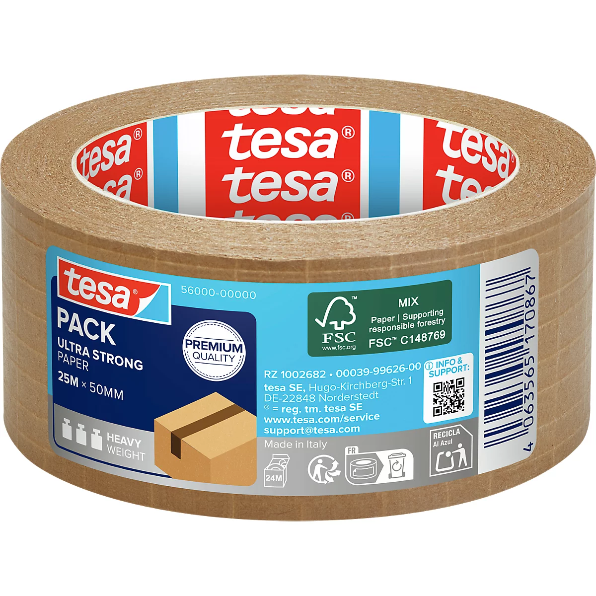 Eine braune Tesa Papier-Packbandrolle auf weißem Grund mit blauem Label und technischen Informationen.