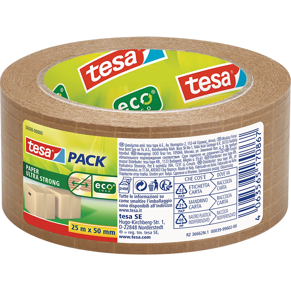 Packband tesapack® PAPER ULTRA STRONG ecoLogo® 56000, extrastarke Haftkraft, für Pakete bis 30 kg, reißfest, lösungsmittelfrei, recycelbar, Kraftpapier