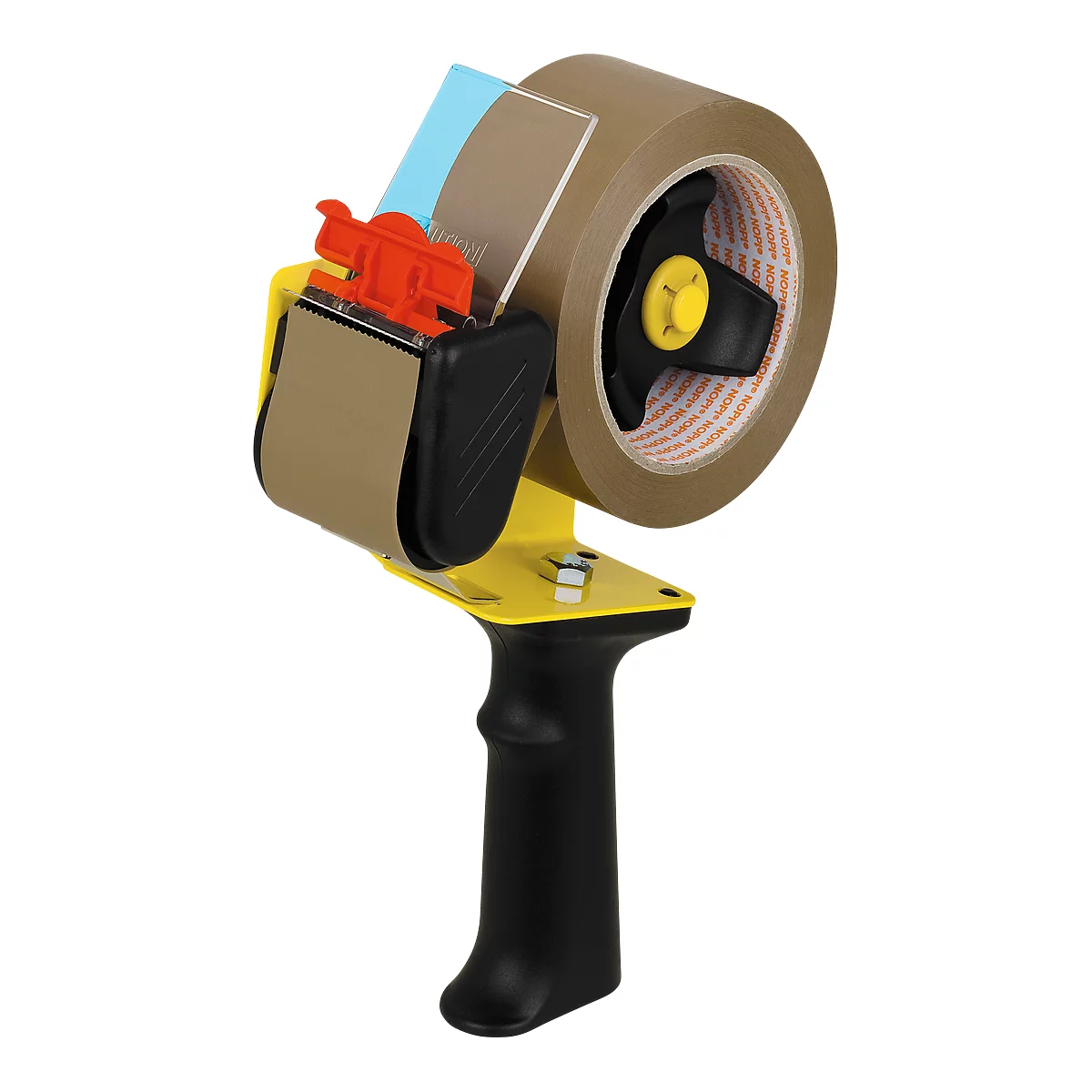 Tape dispenser with brown tape, red cutting device, yellow housing, and black handle.