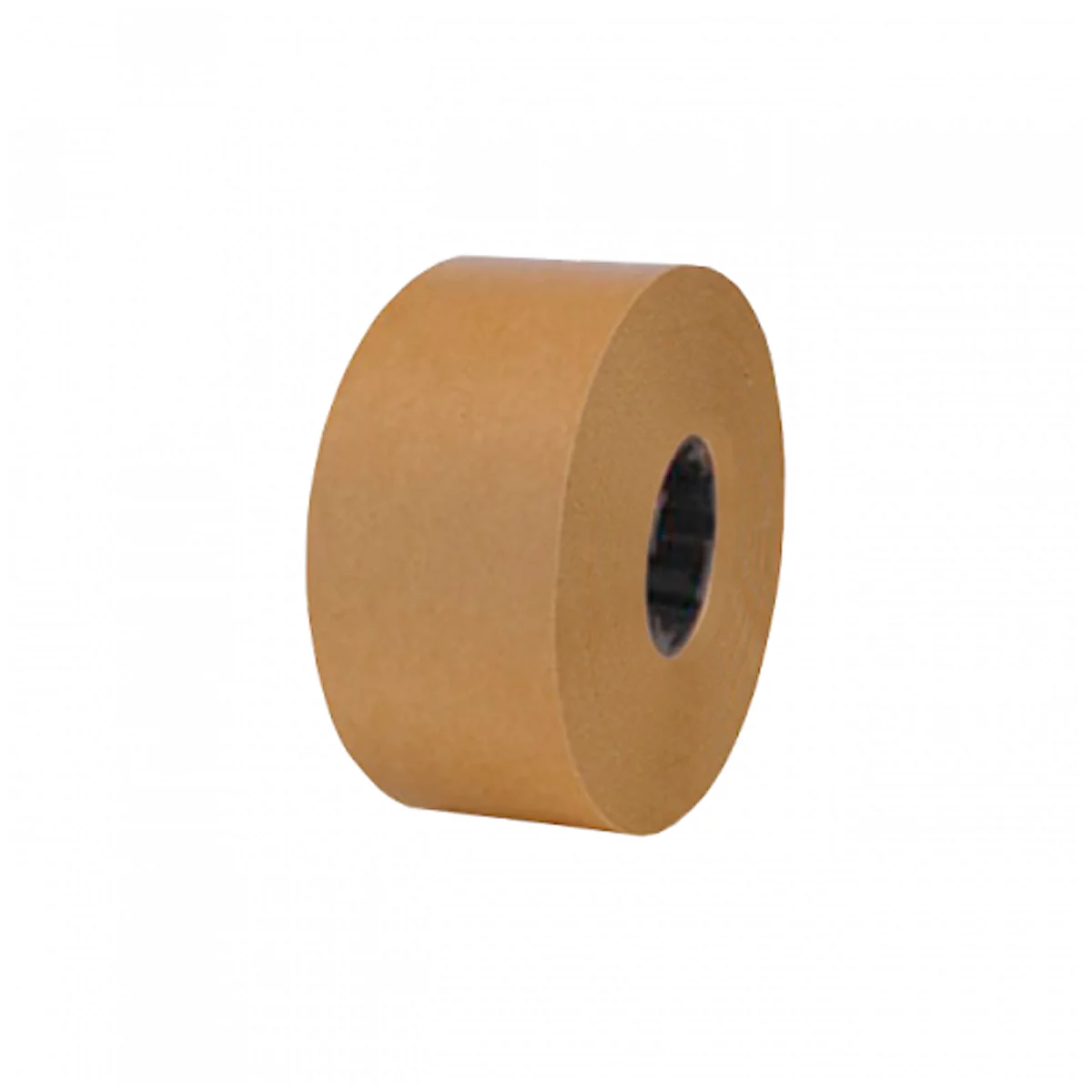 A brown paper tape roll. The roll is cylindrical with a hole in the middle. The background is white.