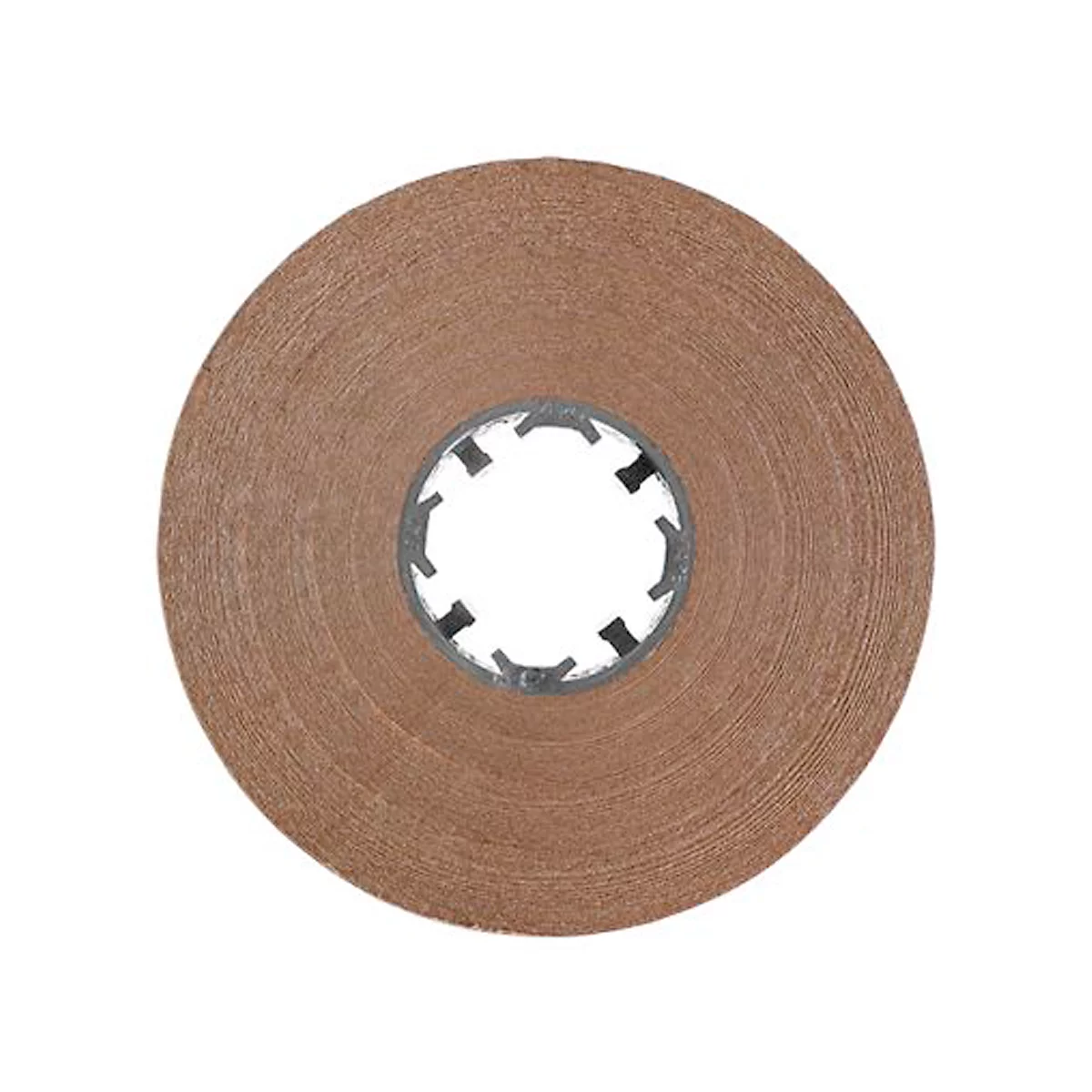 Roll of brown tape, view from above. The core is light grey with serrated edges.