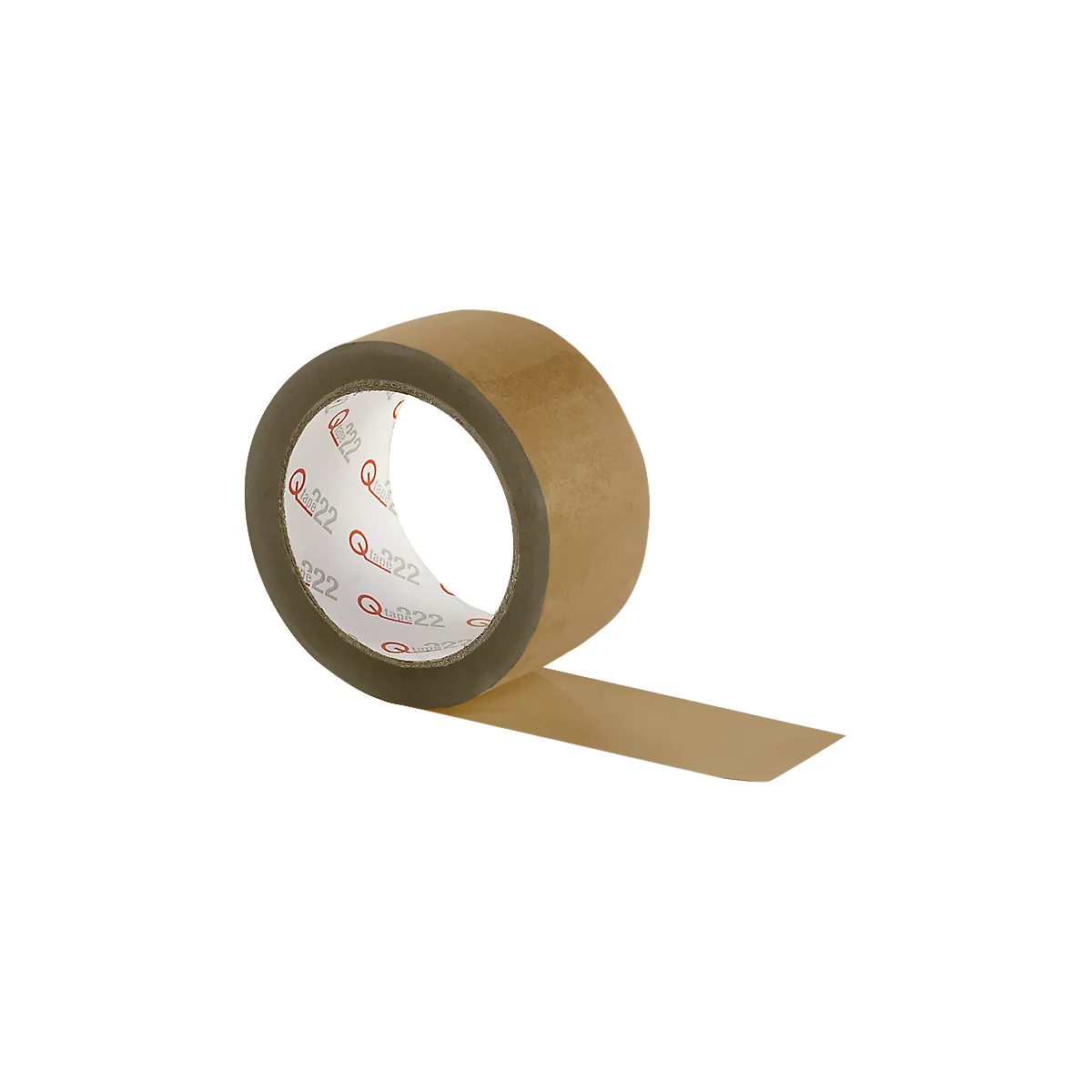 Brown packing tape on a roll, partially unrolled. The core is white with red lettering.
