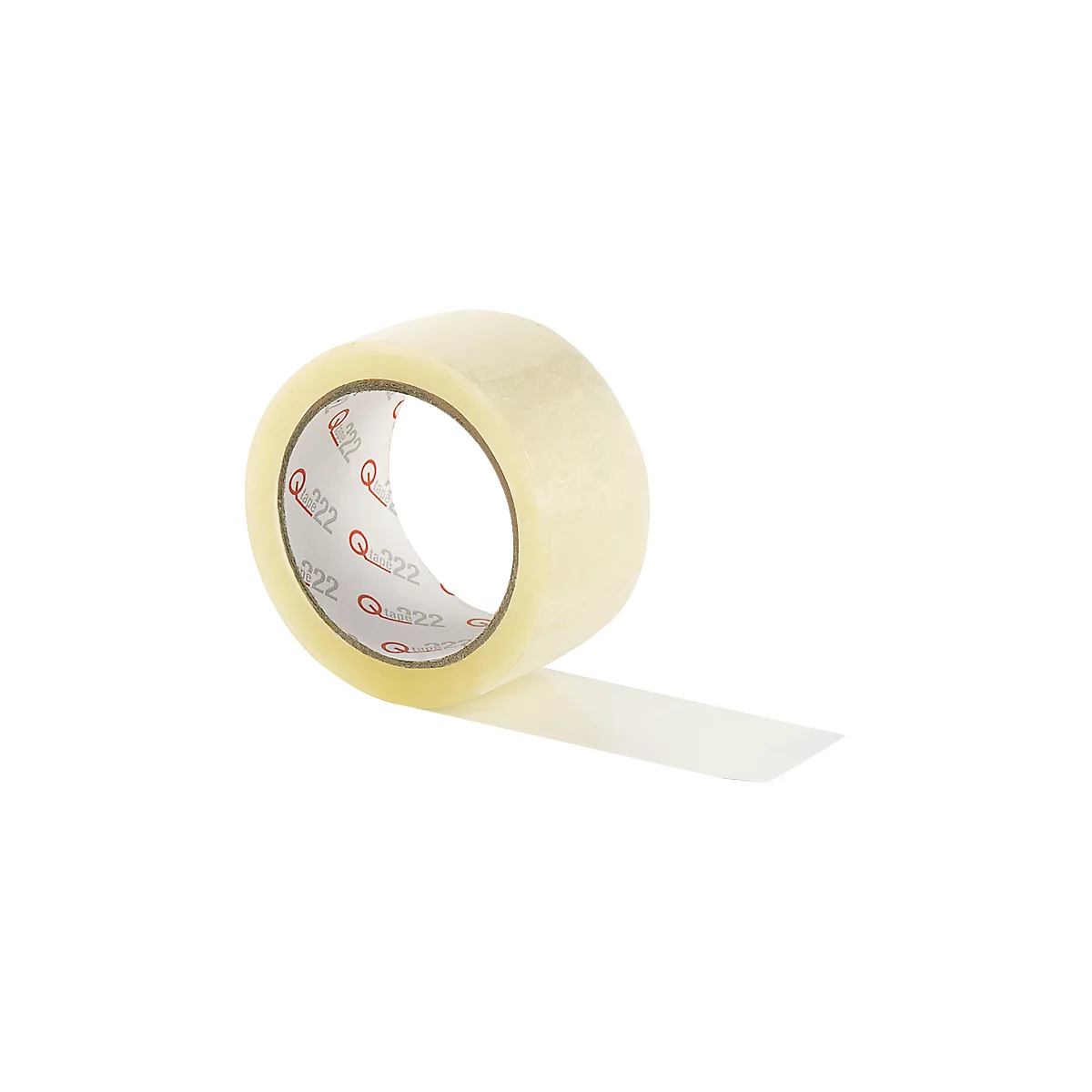 A roll of transparent adhesive tape. The tape, printed with the manufacturer's logo Q222, is unrolling.