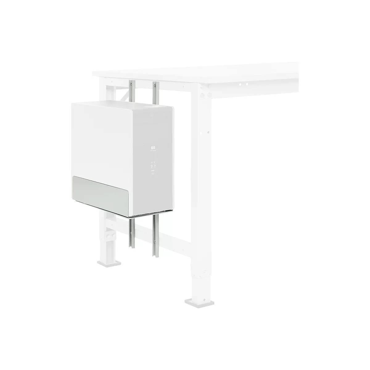 A white computer hangs under a white desk attached by brackets. There is a silver colored strip on the front.