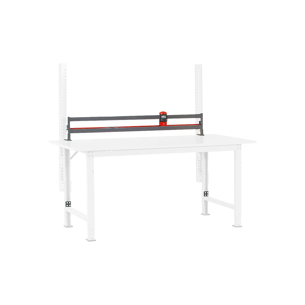 Gray cutting device over a white table. Red accent. White shelves behind the table.