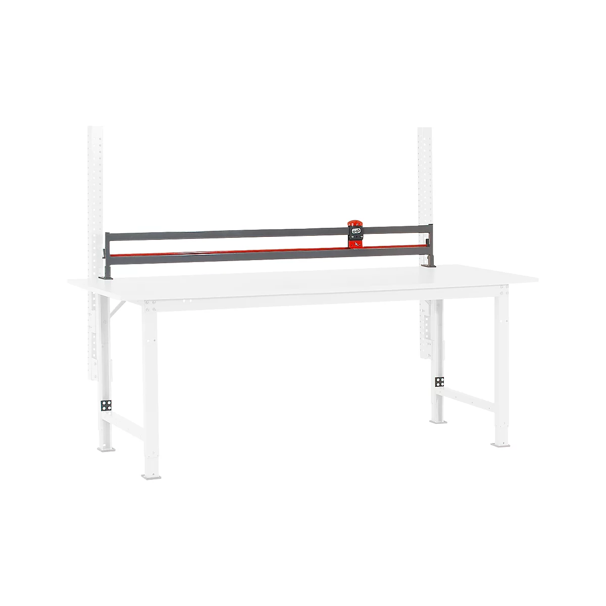 White workbench with a red cutting tool.