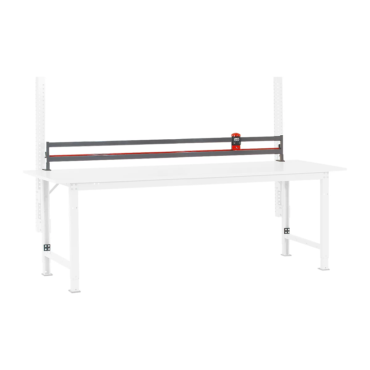 White workbench with gray, red cutting device. Two white supports hold the device.