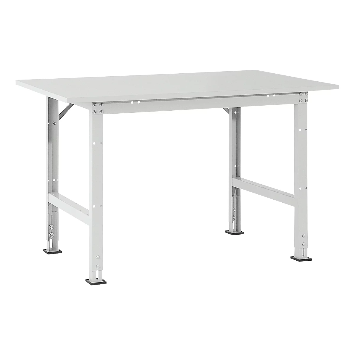 White rectangular work table with metal frame and four legs. The surface is light gray.