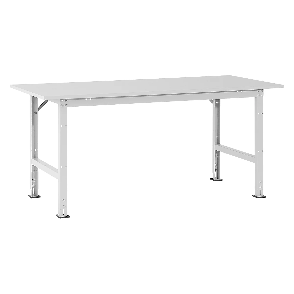 A white rectangular table against a white background. The metal legs have black rubber feet.