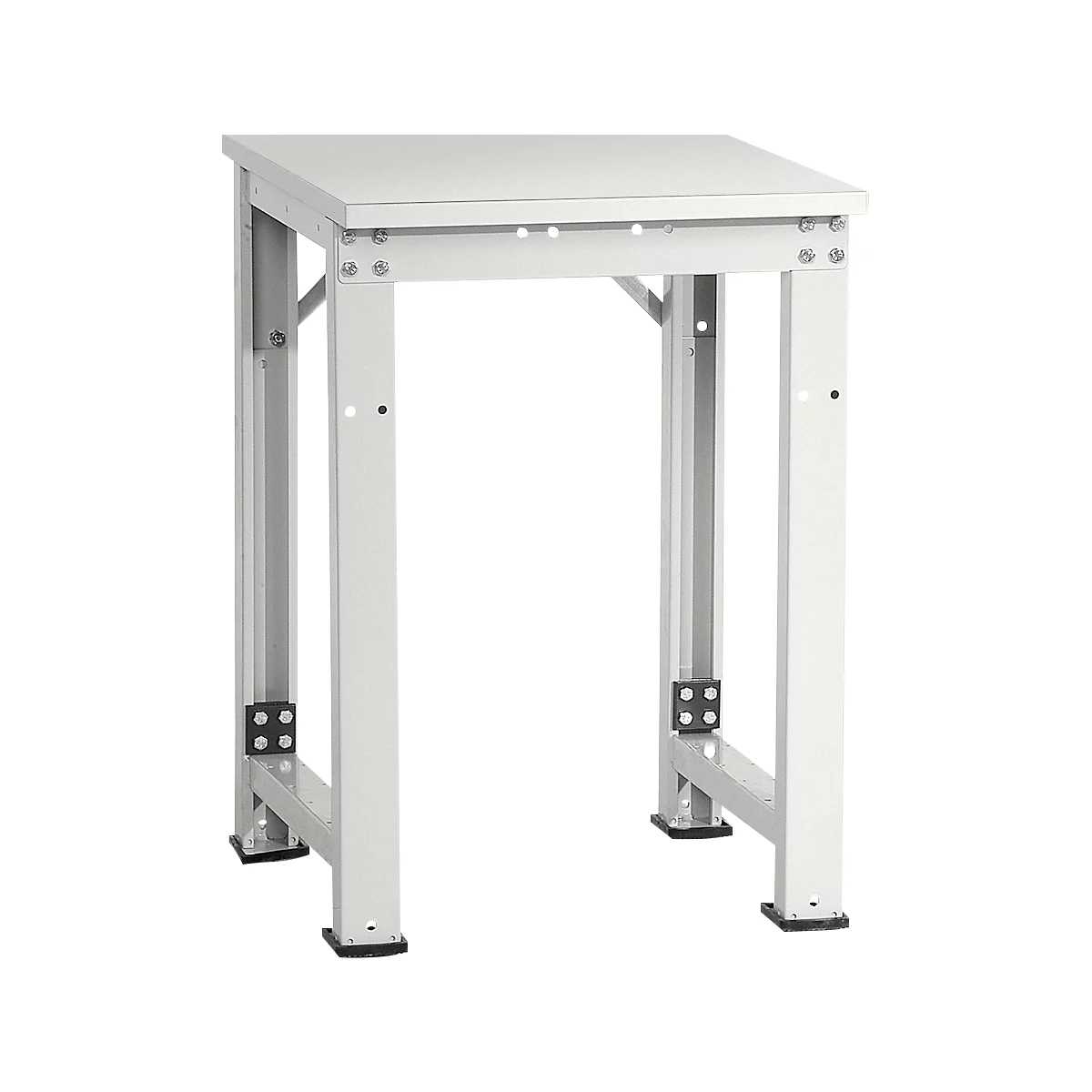 White workbench table with square worktop and metal legs. Angular joints.
