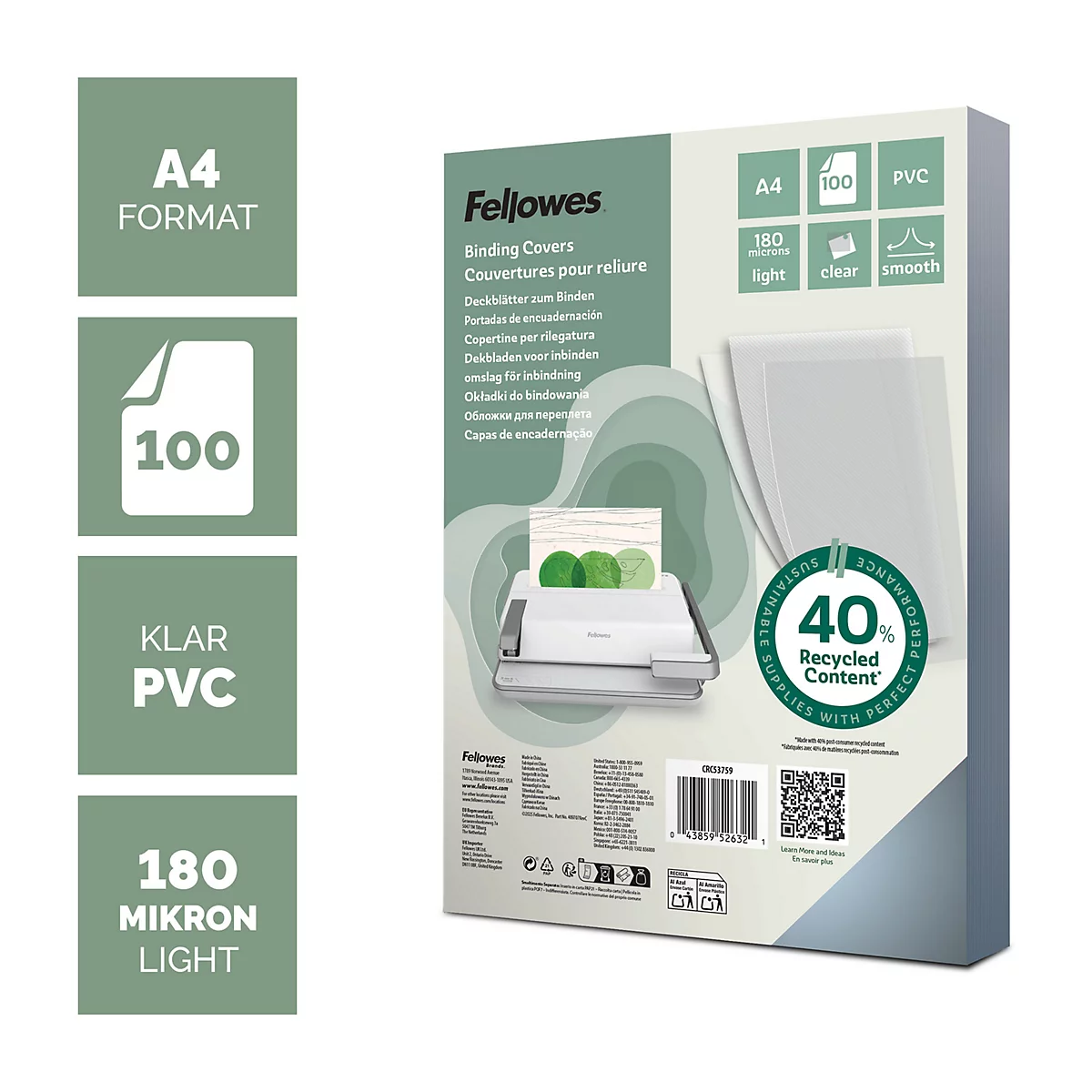 Paquet de 100 couvertures de reliure transparentes A4 Fellowes en PVC, 180 microns.