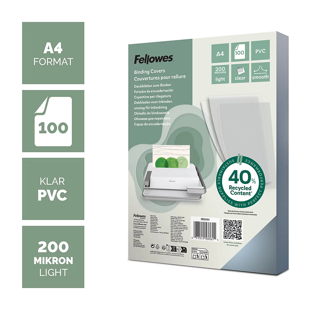 Emballage de couvertures de reliure A4 Fellowes, PVC transparent, 200 microns, 100 feuilles, 40% de contenu recyclé.