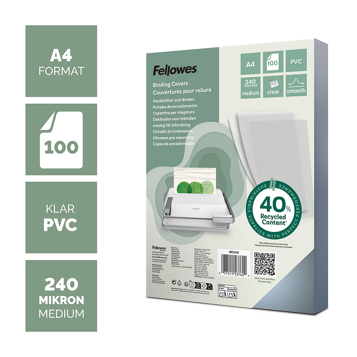 Paquet de 100 couvertures de reliure transparentes Fellowes A4 en PVC, 240 microns, respectueuses de l'environnement, 40 % recyclées.