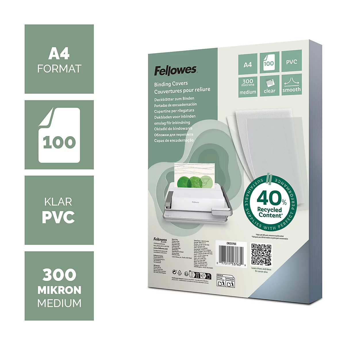 Couvertures de reliure Fellowes A4 en PVC transparent, 300 microns, paquet de 100 avec 40 pour cent de contenu recyclé.