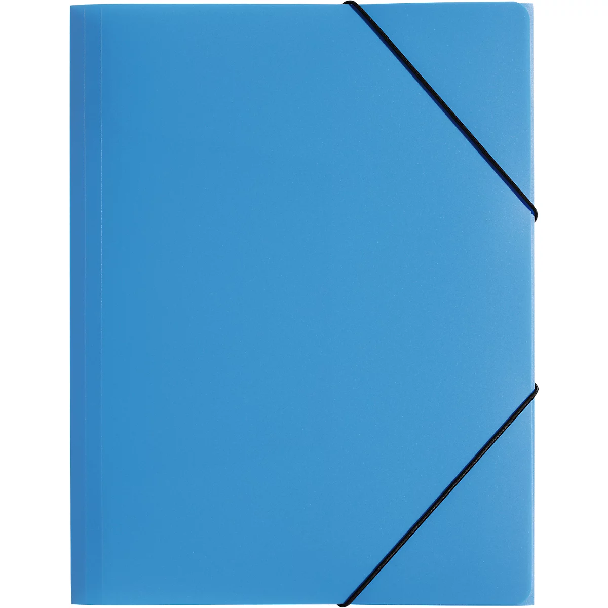 Blue document folder with black elastic band. The band crosses the folder diagonally.