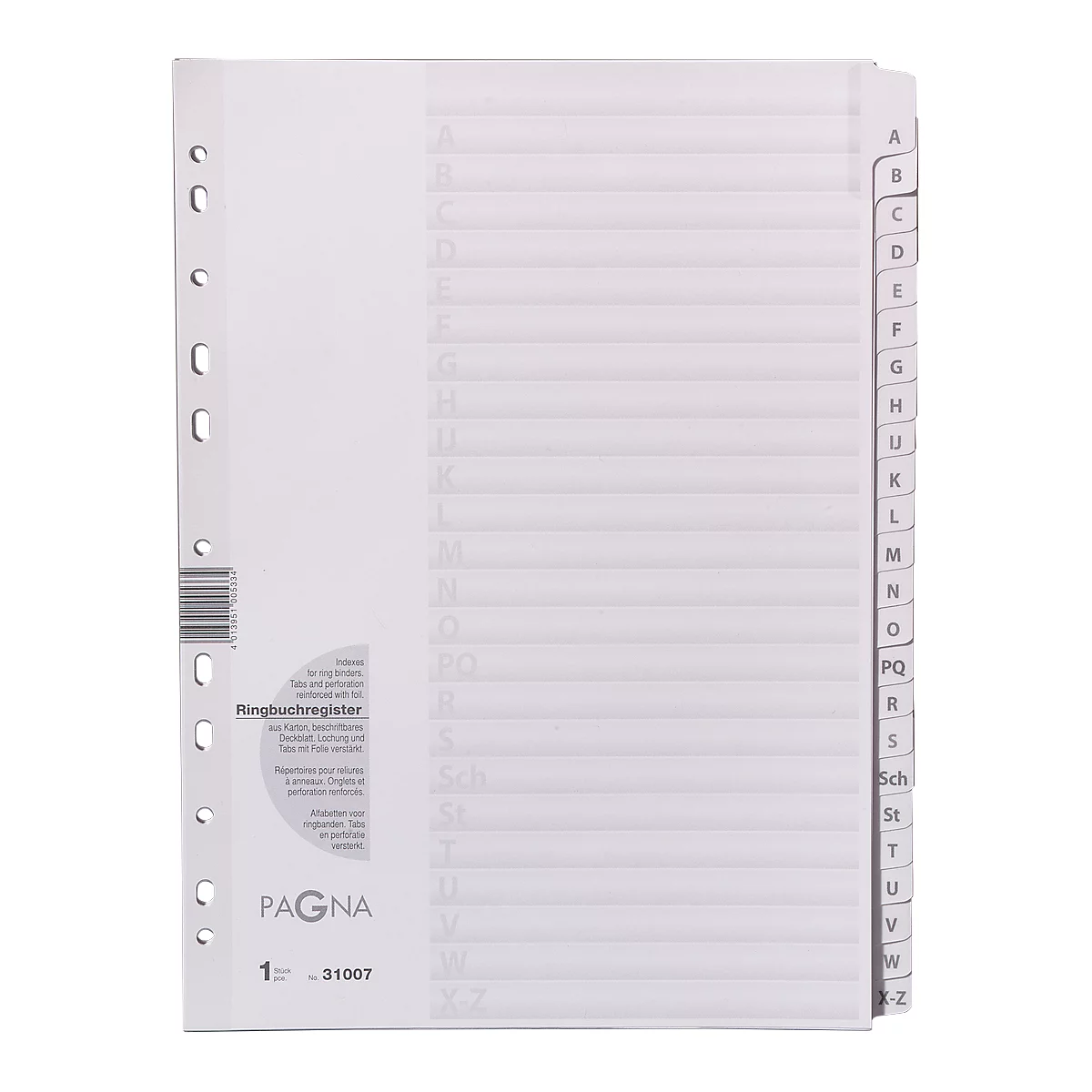 Ring binder register with alphabetical dividers. Marks from A to Z. Brand PAGNA, product number 31007.