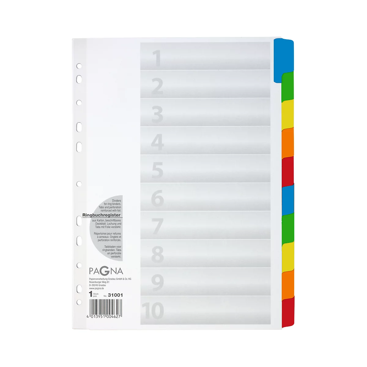 Ring binder register with colorful tabs. Printed 1-10. Brand PAGNA. Left side with holes.