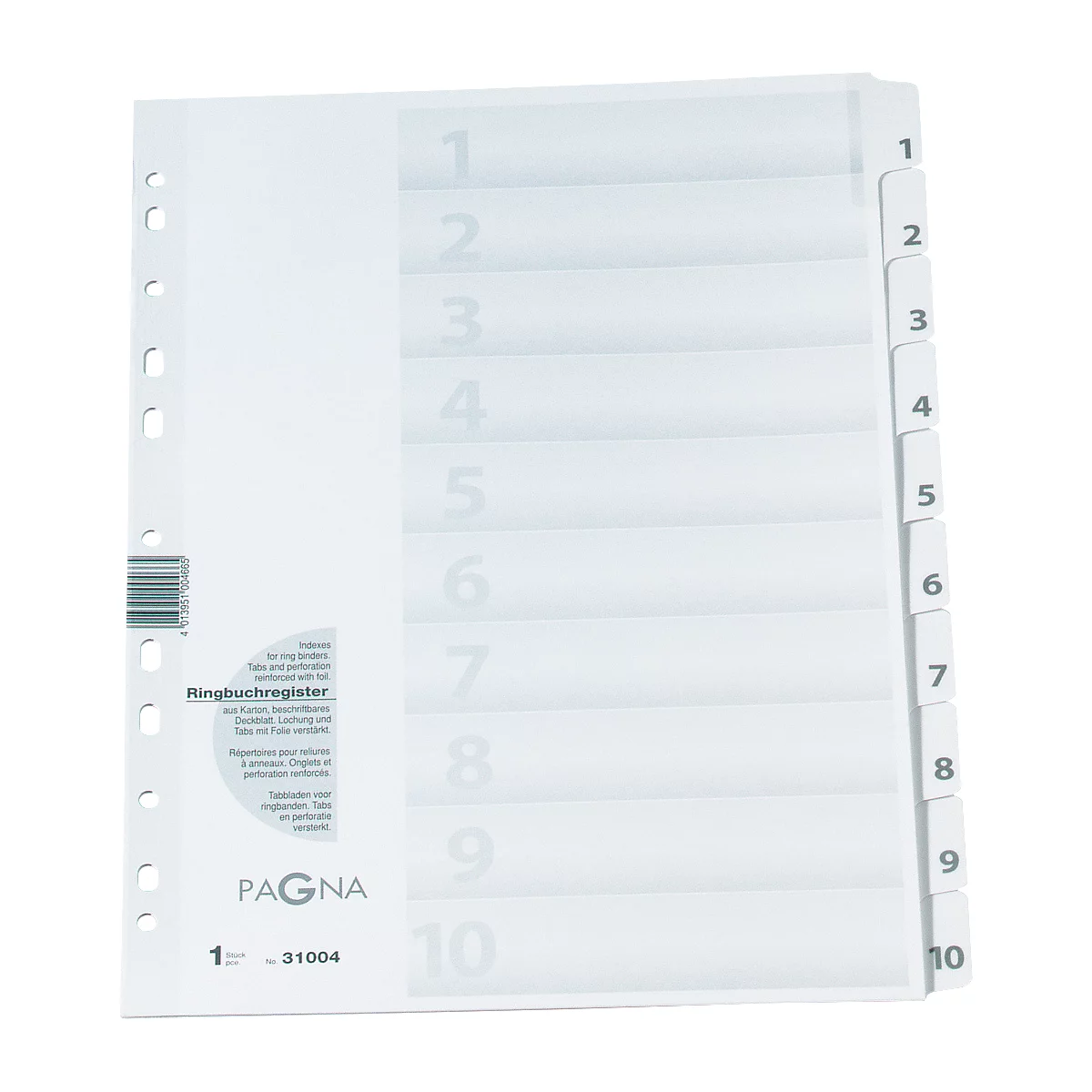 Ring binder register with ten numbered white dividers. Printed: PAGNA, 1-10.