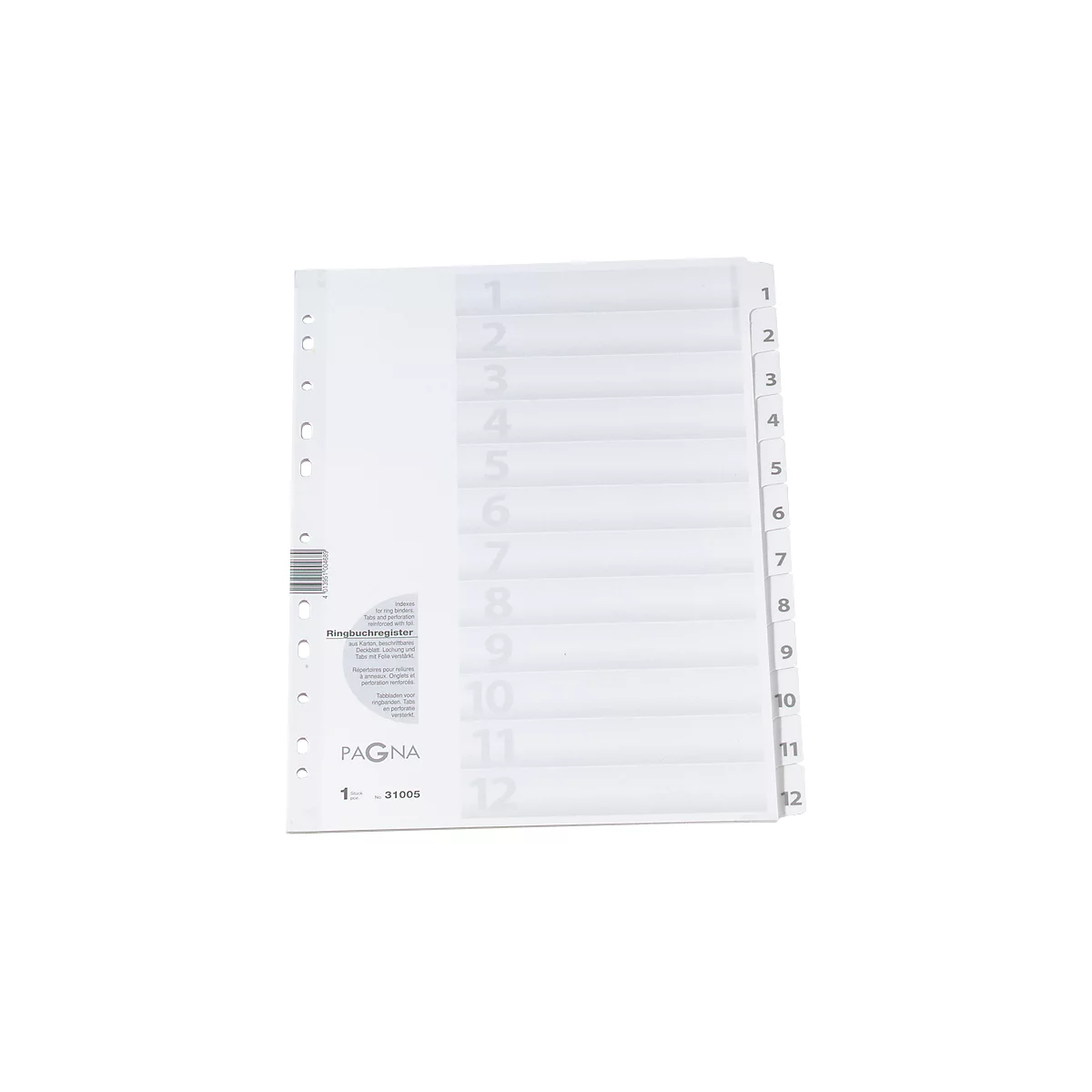A white ring binder register with 12 numbered dividers. Perforation on the left, register on the right. PAGNA brand logo.