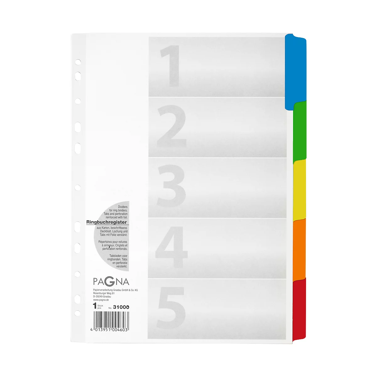Ring binder index with colored tabs and numbers 1-5. The transparent index has holes for attachment.