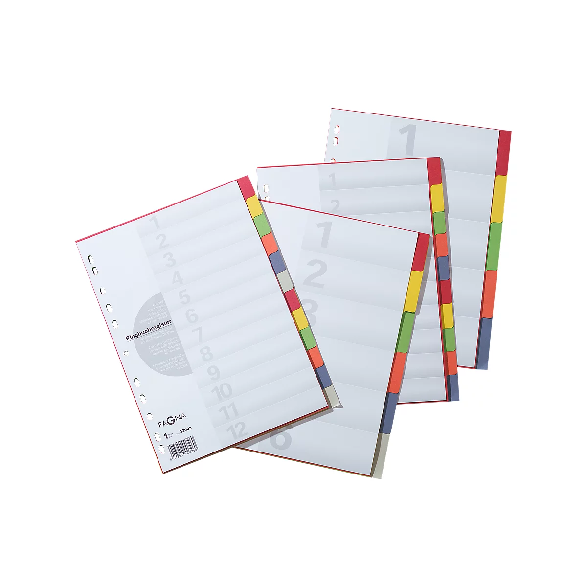 Multicoloured index sheets with numbers. The sheets have a red border and coloured tabs.