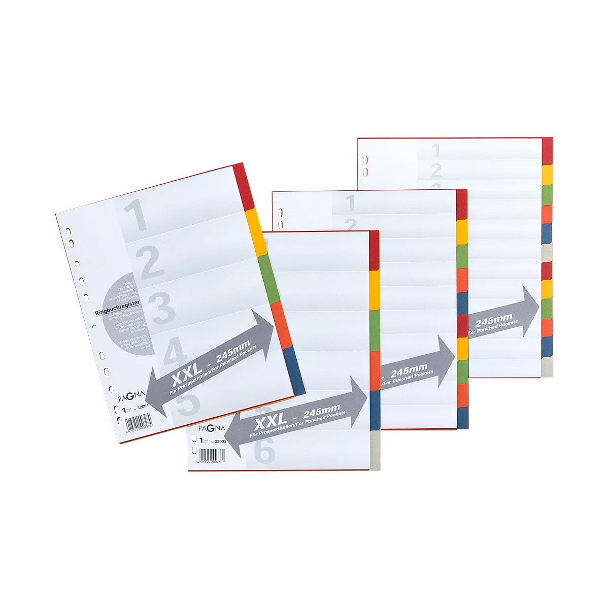 Multi-part index card folder, with numbered tabs, in different colors. "XXL - 245mm" is labeled.