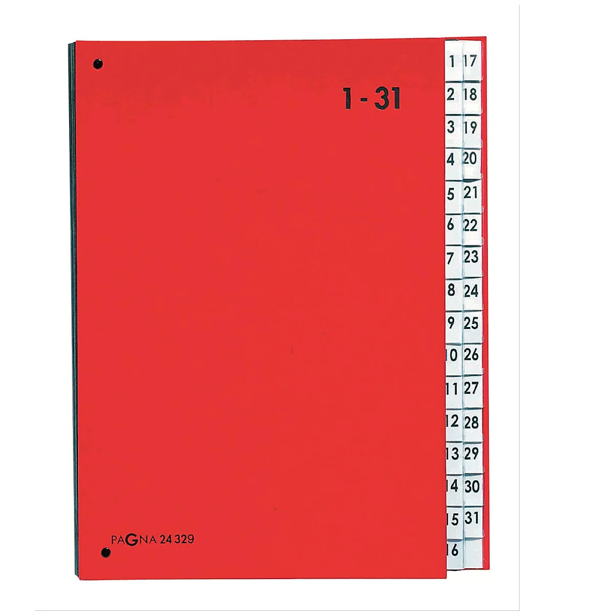 Red index card with numbers 1-31. Black text on red background, tabs labeled with numbers.