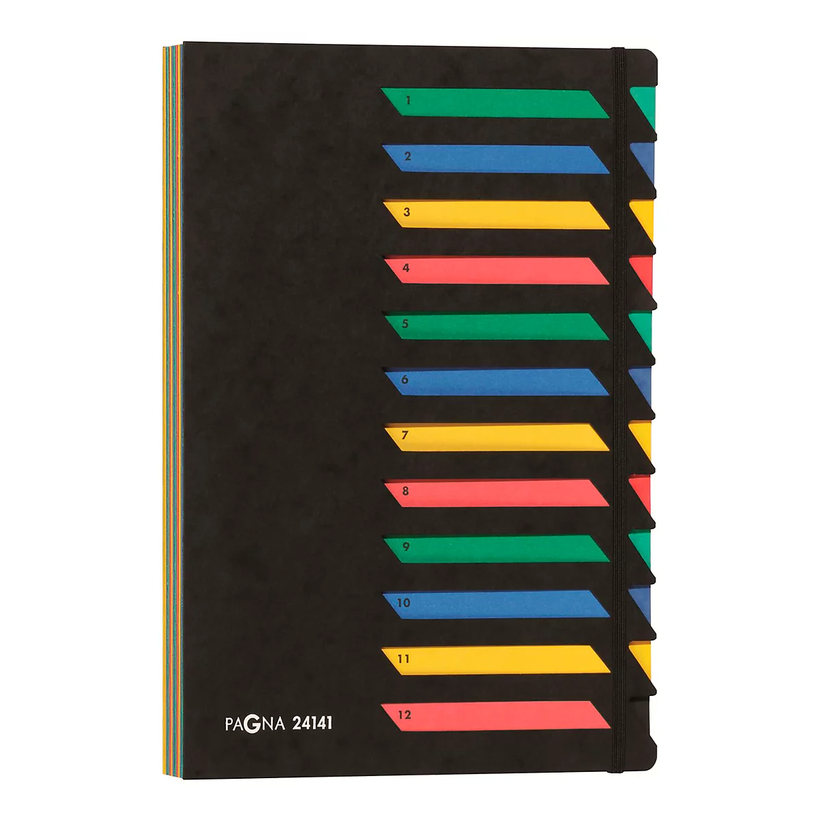 Black notebook with colorful tabs and PAGNA 24141 print.