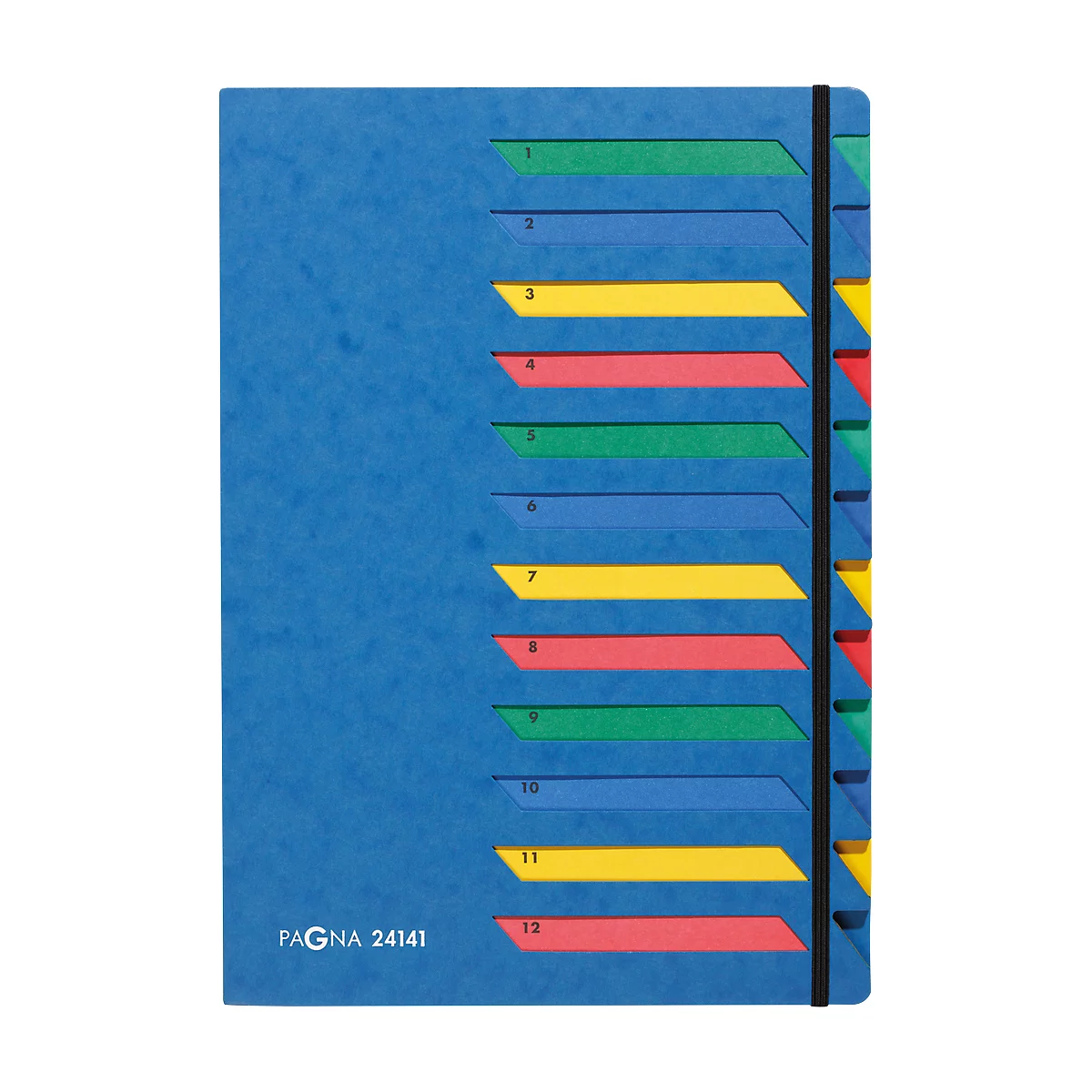 Blue ring binder with colored tabs from 1 to 12. A black elastic band holds it together.