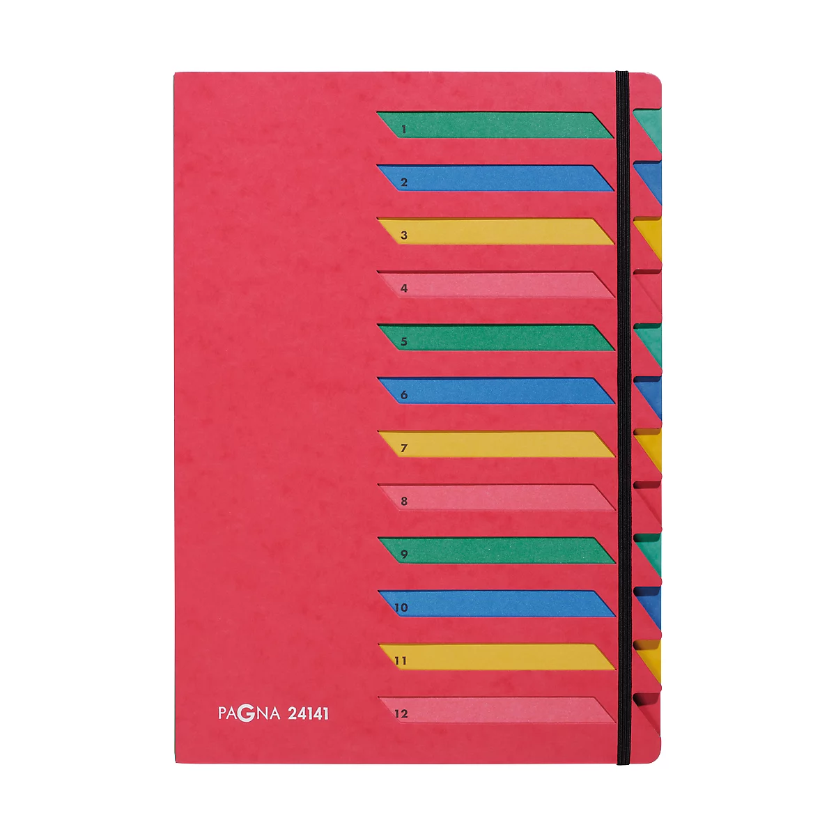 Red notebook with colored tabs and elastic band showing numbers 1 to 12.