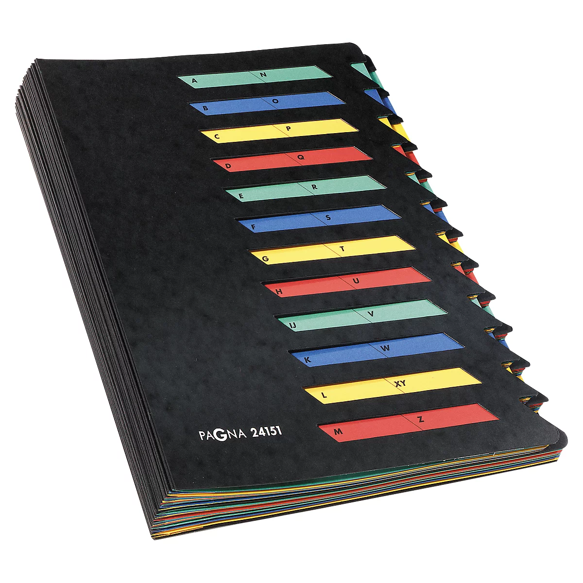 Black index binder with colored tabs with letters from A to Z. The front says "PAGNA 24151".