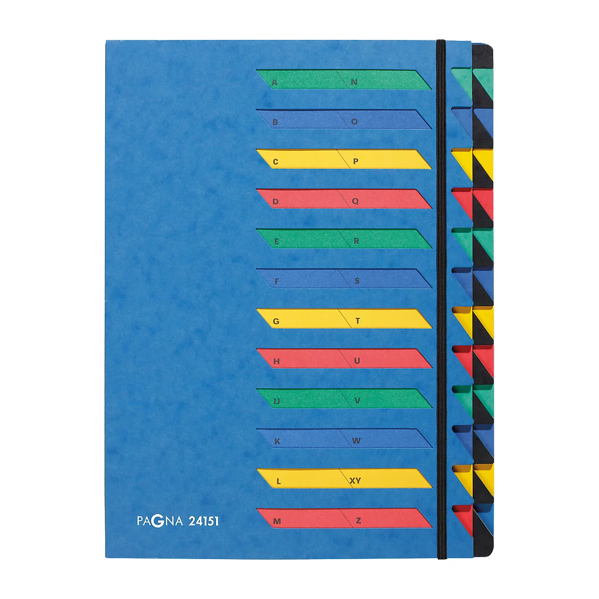 Blue address book with colored tabs and elastic band. Inscription: PAGNA 24151.