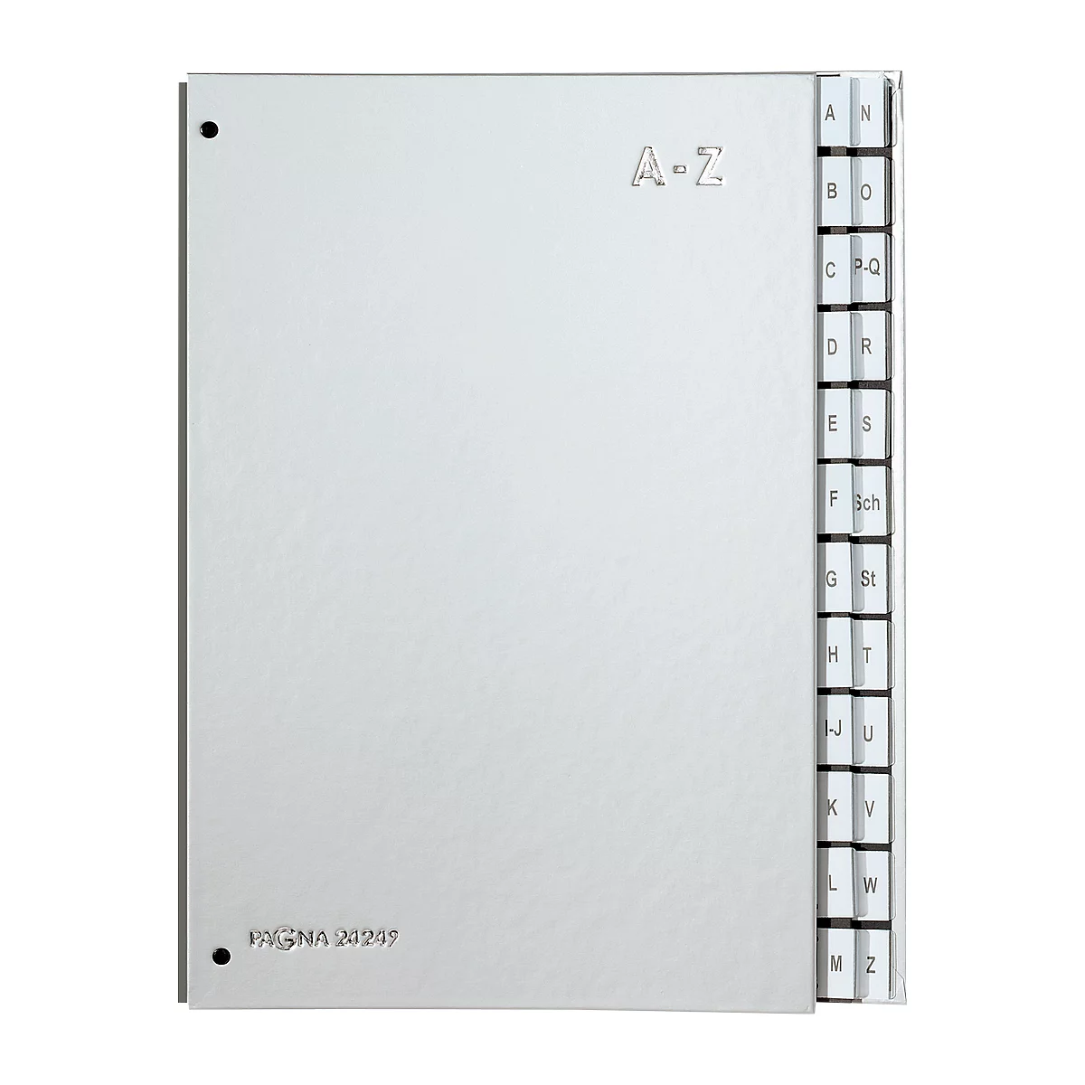 Silver A-Z card file with register. On the cover is A-Z, on the edge the letters. PAGNA 20209 is at the bottom.