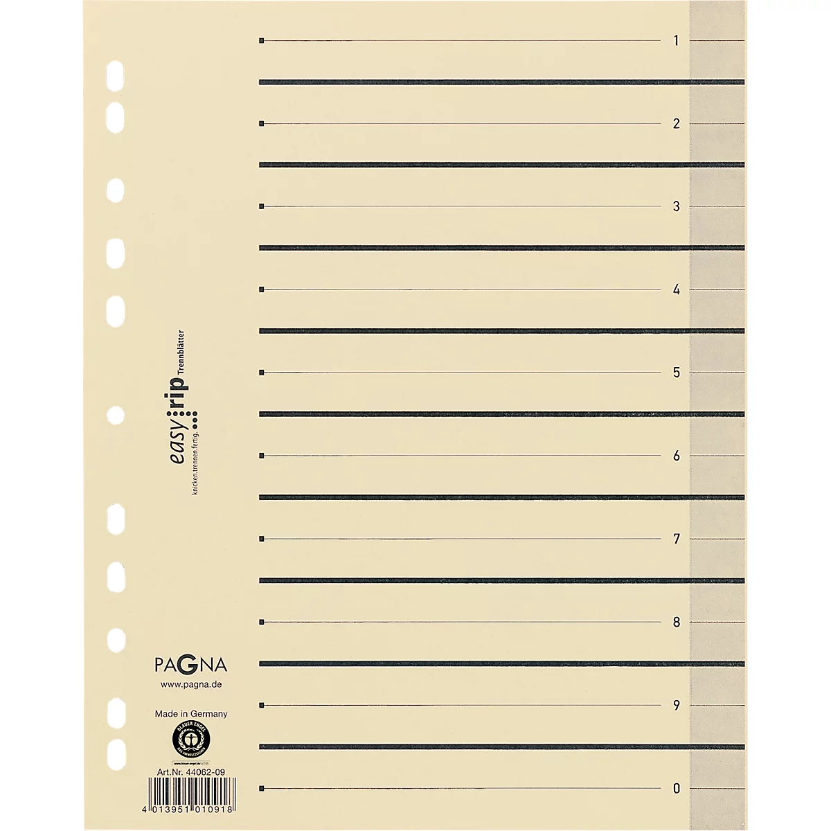 Beige ring binder index card with black lines and numbers. Logos of 'easyrip' and 'PAGNA' are visible.