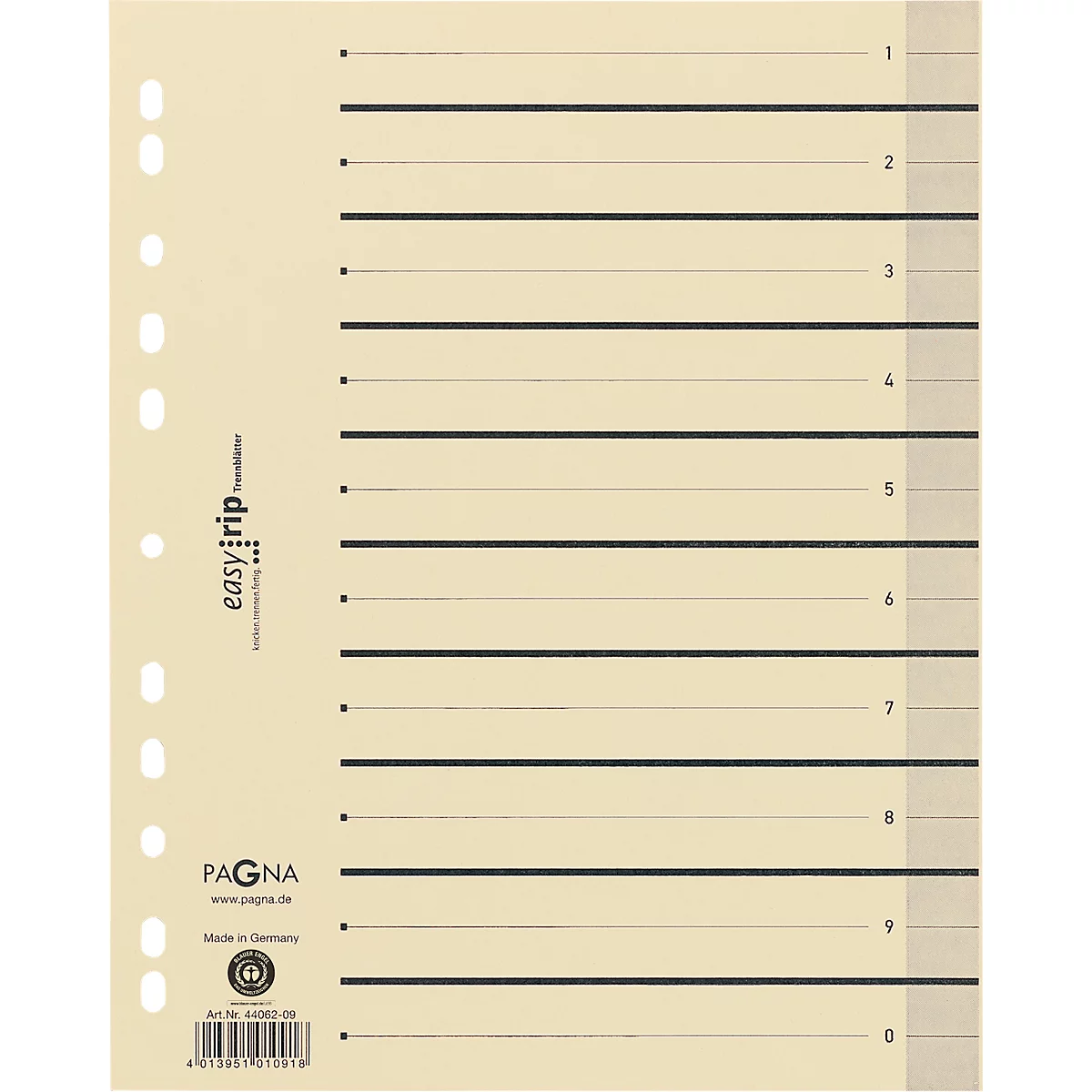 Light beige perforated divider with horizontal black lines and numbers from 1 to 0. Logos of "easyrip", "PAGNA".
