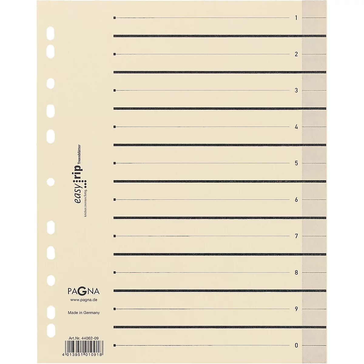 Ivory paper with black lines, resembling a file divider. It has holes on the left and is numbered.