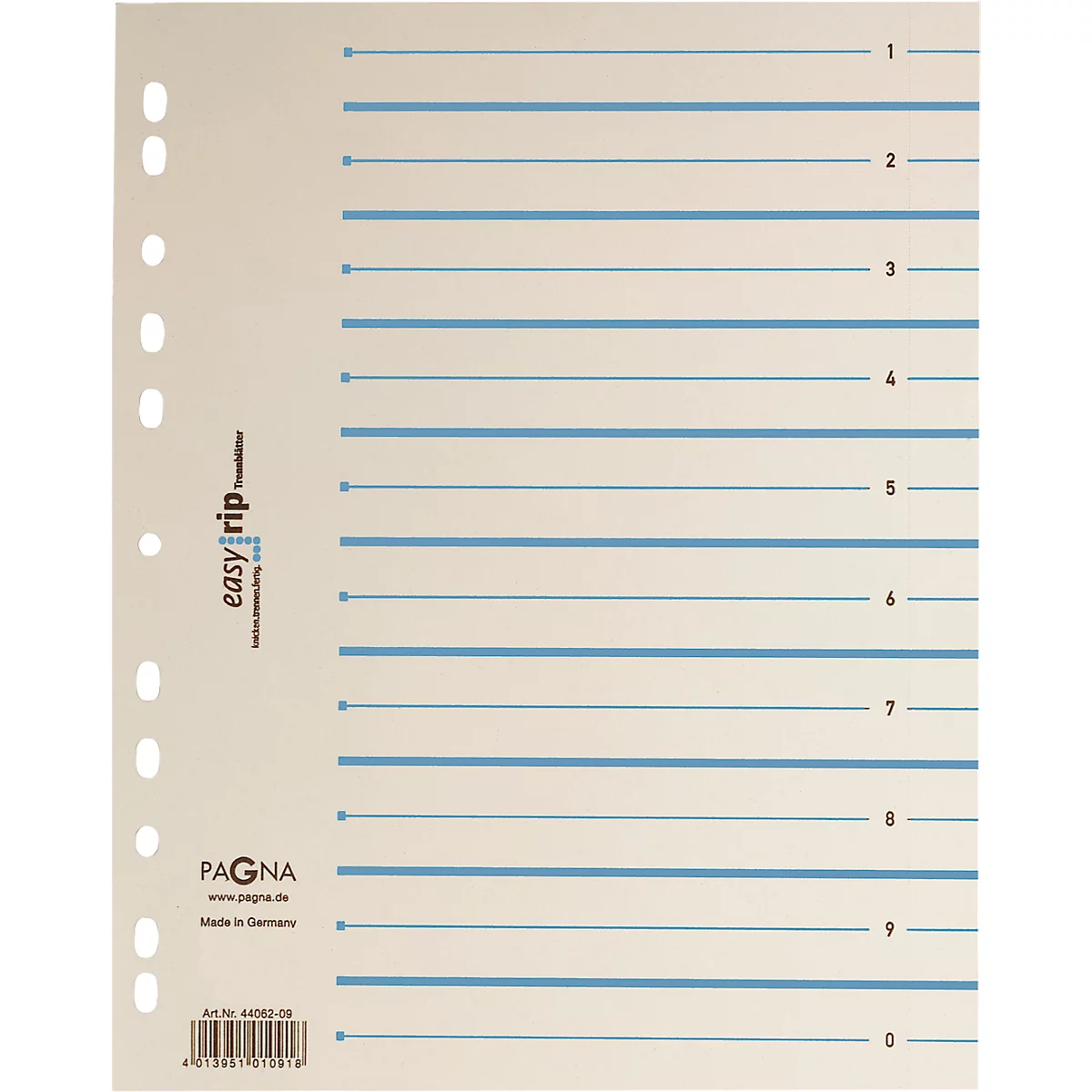 Lined paper with blue lines and labels, perforated. Printed text: easyrip, PAGNA. Made in Germany.
