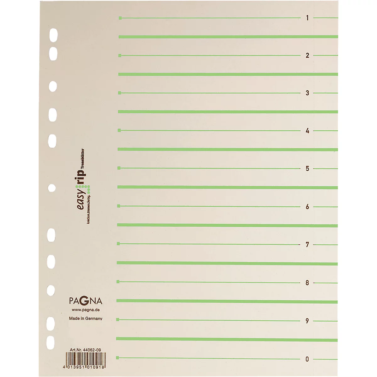Notepad with green lines, perforation, side brand lettering.