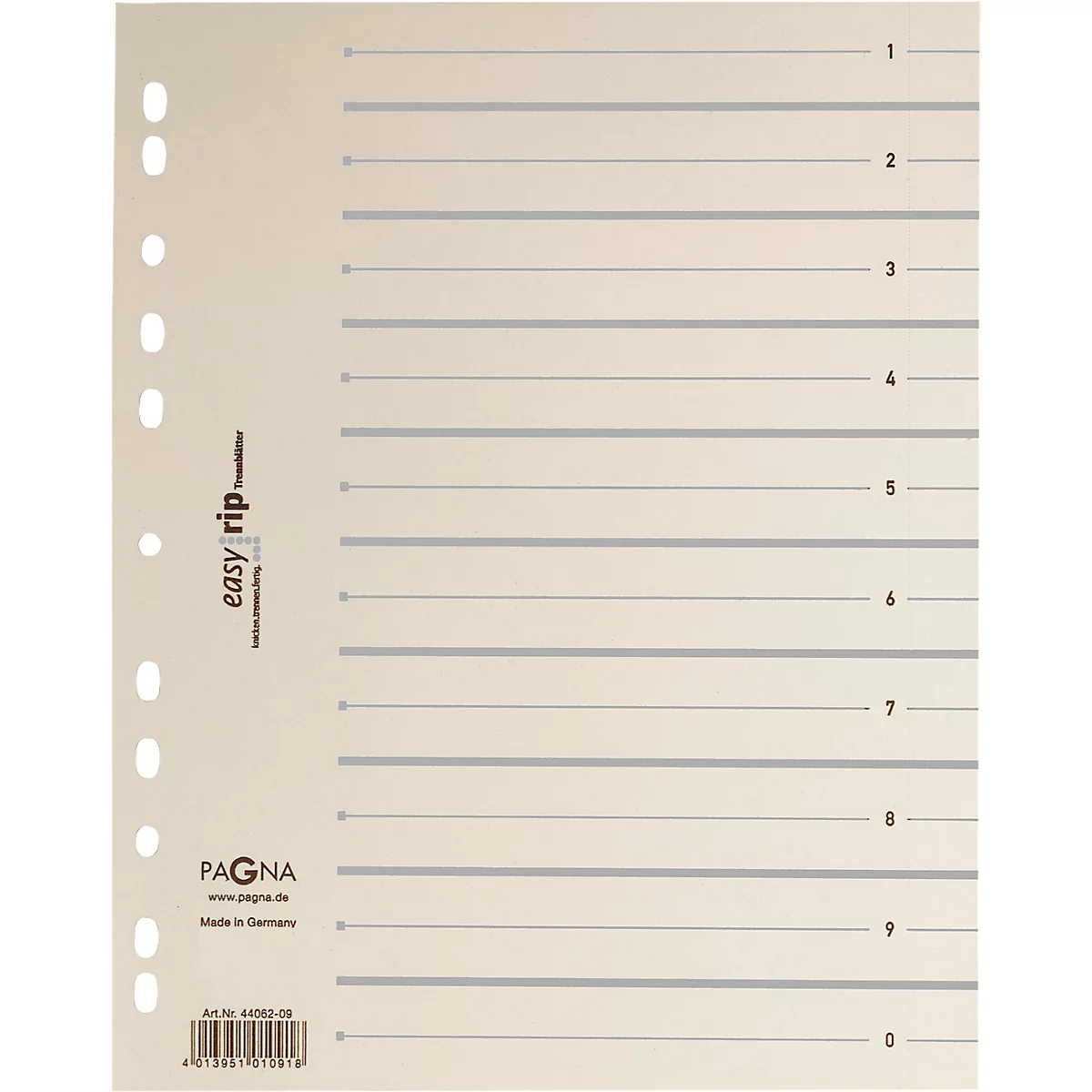 Lined yellowish paper with hole punching. Gray lines with numbers for orientation. Printed brand name and barcode.