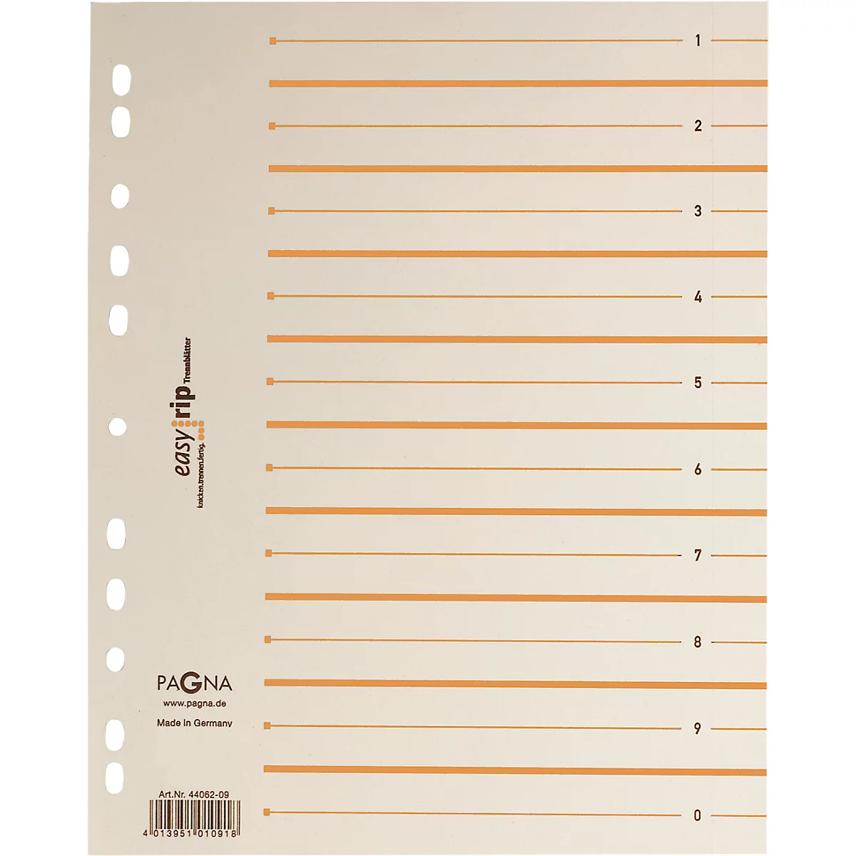 Beige lined sheet with pre-printed lines. Numbers from 1 to 9 on the right. Perforation for filing on the top left. Brand logo PAGNA on the bottom left.