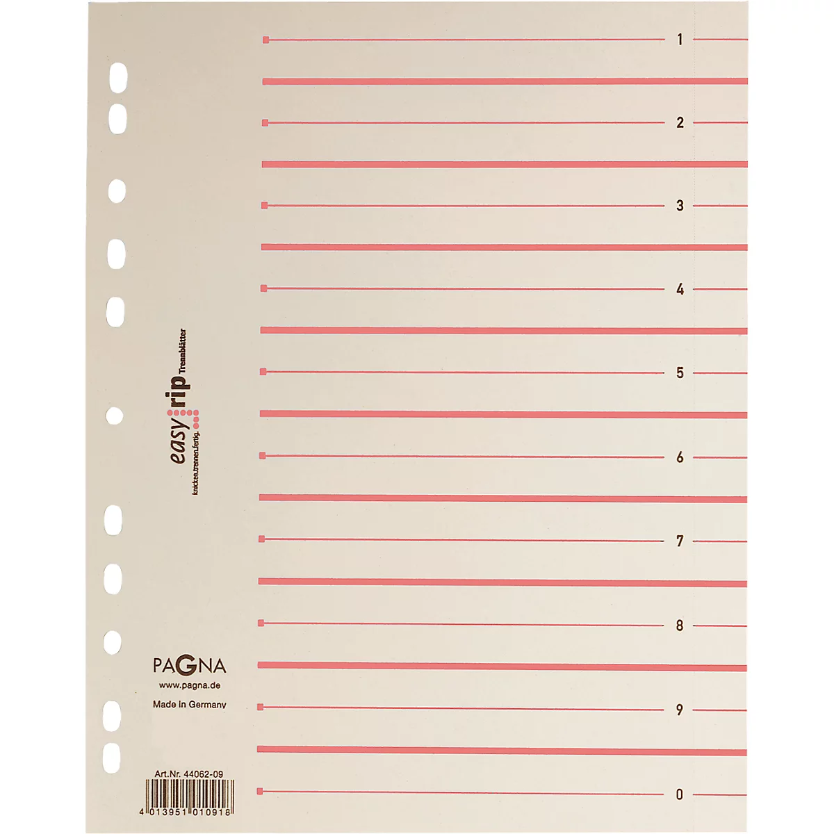 Lined and perforated paper for a folder. Red lines, numbers from 1 to 9, and markings for the perforation on the edge.