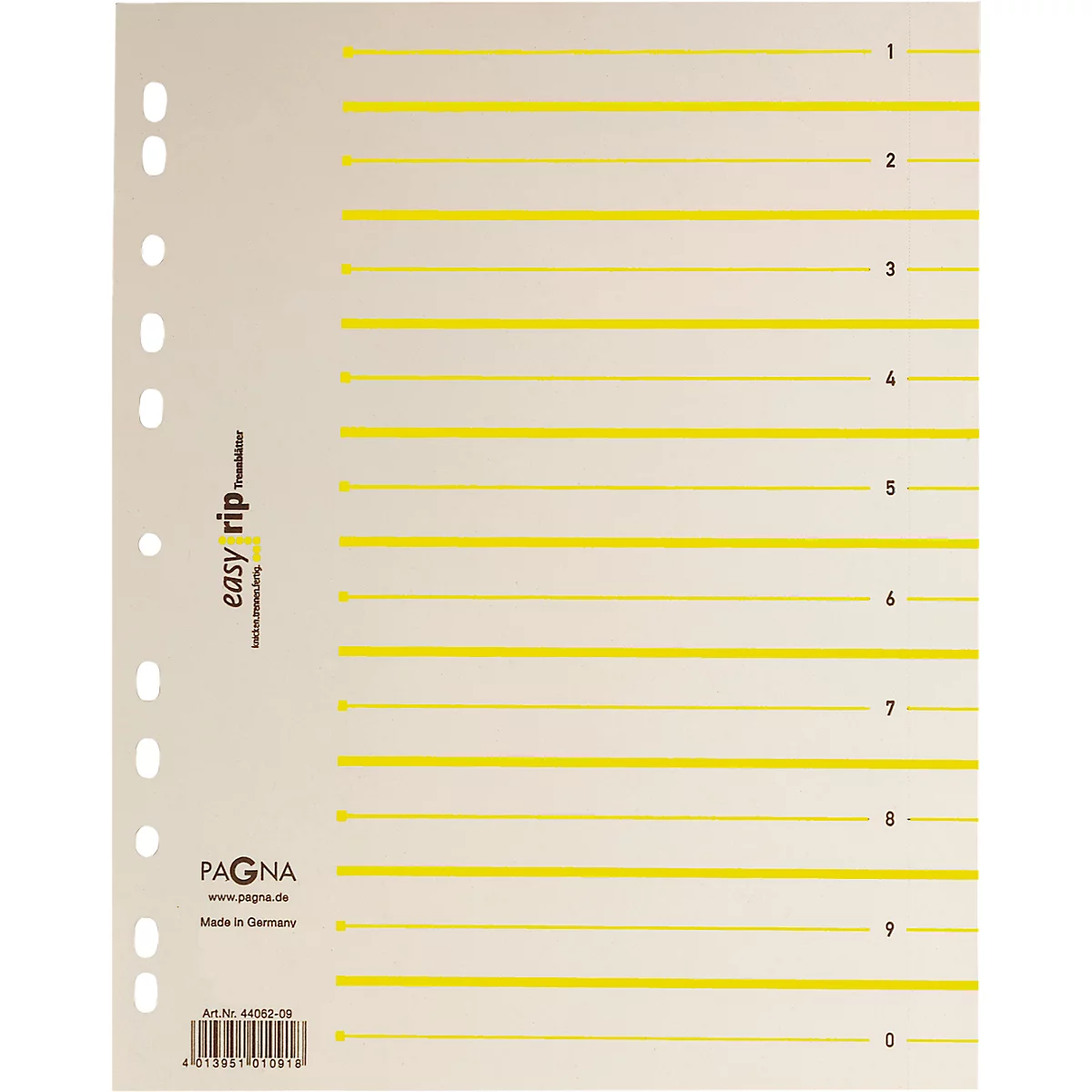 Cream-colored sheet with yellow horizontal lines. Printed numbers from 1 to 9, as well as the 'easy rip' logo.