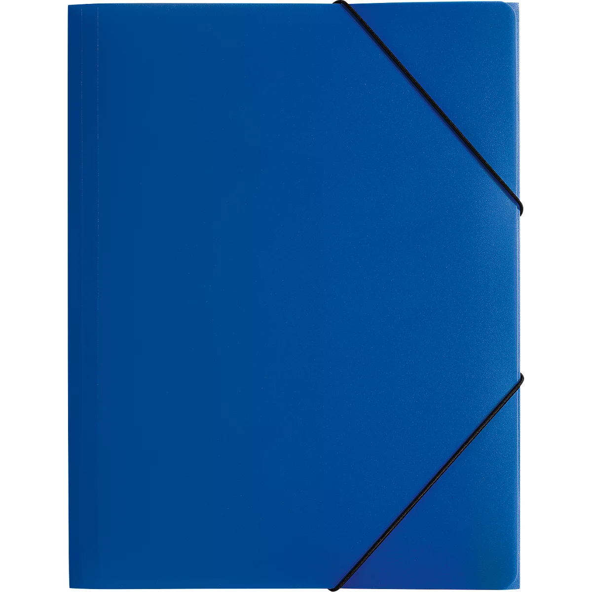 Blue folder with black elastic band to close.