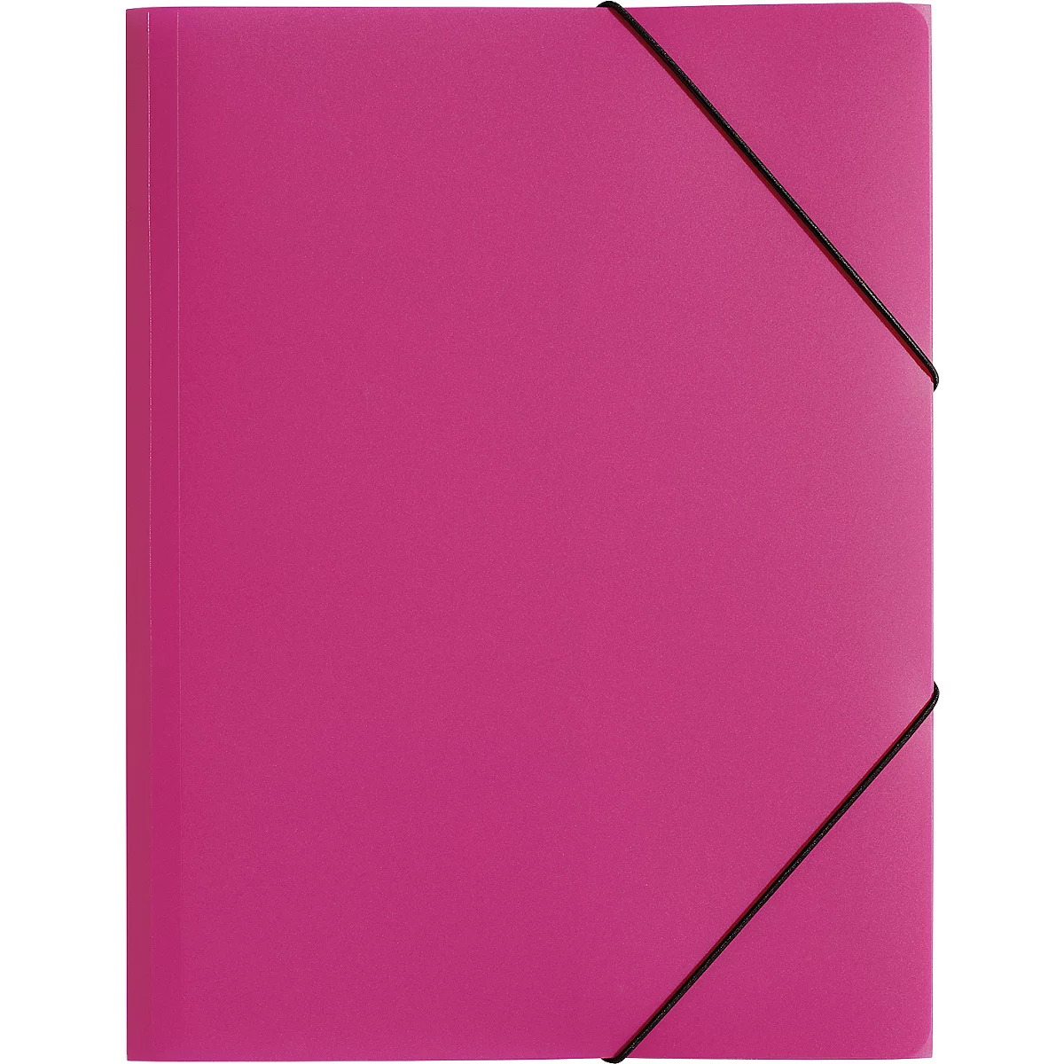 A pink file folder with a black elastic band closure. The band runs diagonally across the front.