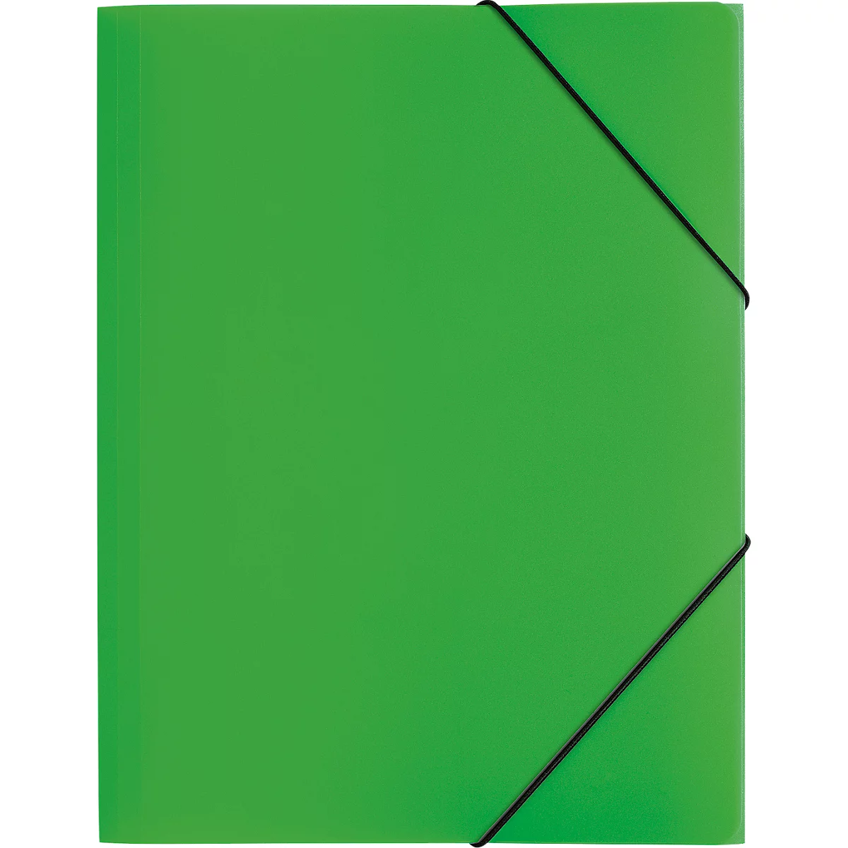 Green document folder with black elastic band.