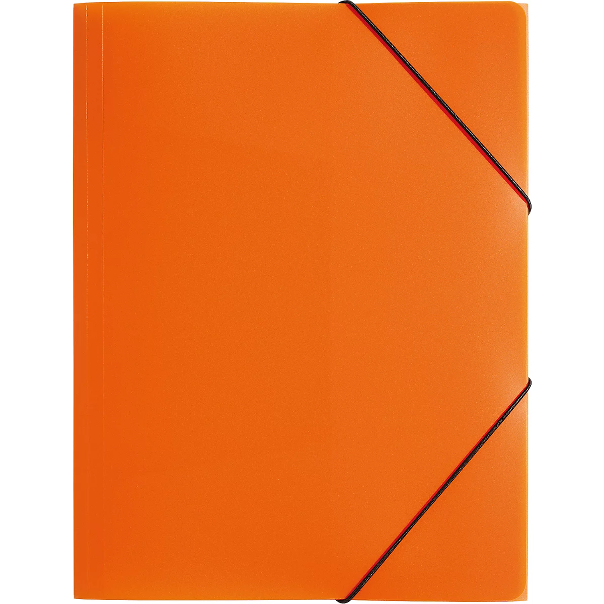 Orange document folder with black rubber band. The band runs diagonally across the folder.