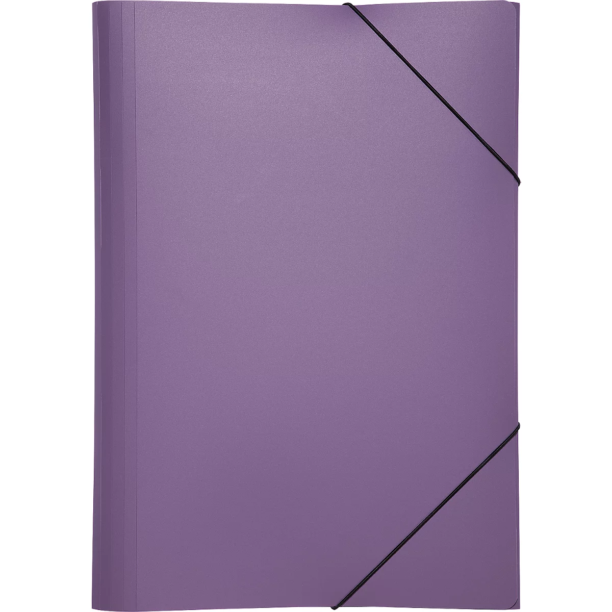 Purple file folder with black elastic band closure.