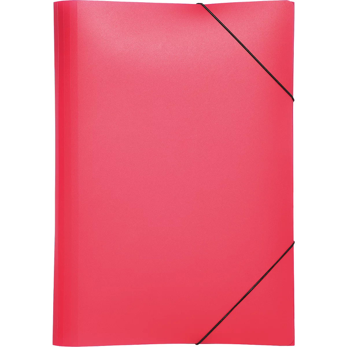 A red folder with a black rubber band holding it together.