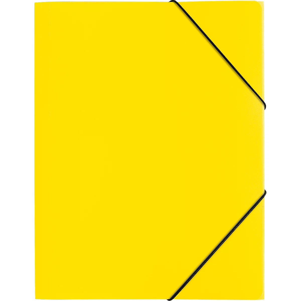 Yellow folder with black rubber band. The rubber band runs diagonally across the folder.